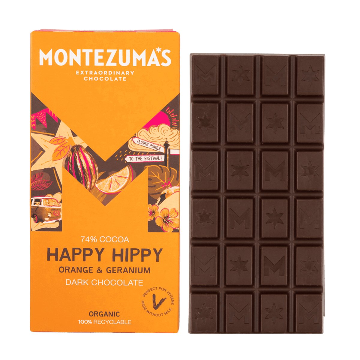 HAPPY HIPPY - DARK CHOCOLATE WITH ORANGE & GERANIUM - Glam Organic | Health and Wellness Store - Montezumas